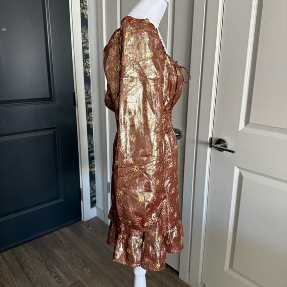 Paige Bronze Metallic Silk Peasant Style Floral Mini Dress M - Picture 3 of 10